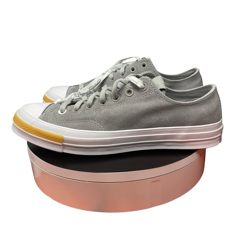 Converse Gray Low Top Suede Sneakers with Yellow Toe Accent